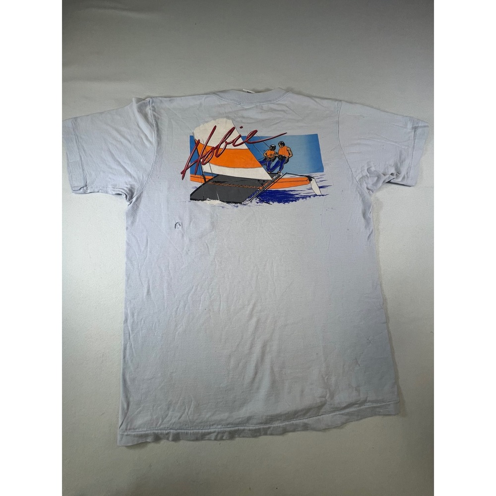 Vintage Hobie Catamaran Sailing Pocket T-Shirt Light Blue Large USA Made 80s 90s